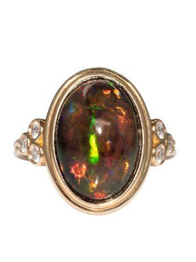 4.03 Ct Ethiopian Black Opal & Diamond Statement Ring in Solid 14K Yellow Gold